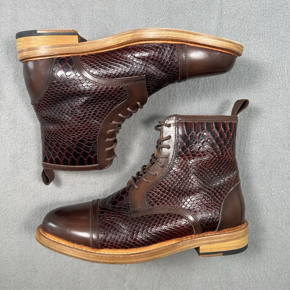 Marc Nolan Lincoln Boots Mens 7 Mahogany Snakeskin Cap Toe Lace Up Combat Dress